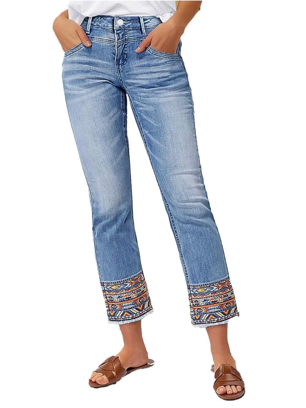 Flamingals Embroidered Crop Jeans Large Boho Raw Hem Mid Rise Stretch